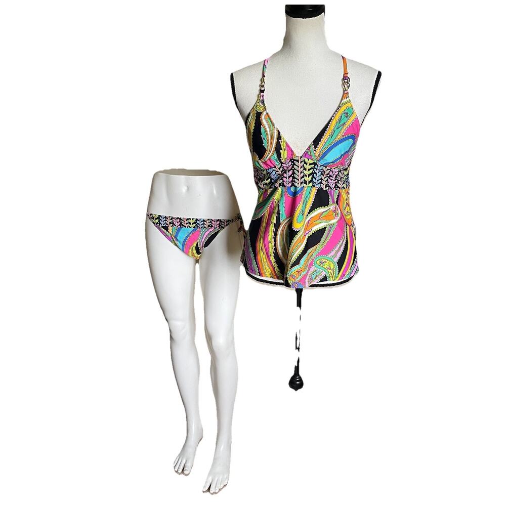 Trina Turk Tankini Sea Garden Paisley Black Multi String Bikini Bottom Sz 12 EUC - Picture 11 of 11